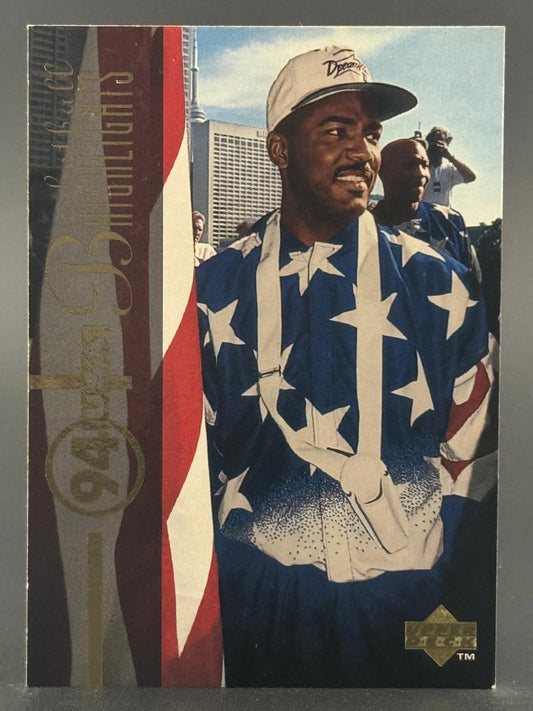 1994 Upper Deck USA Baseball Highlights trading card featuring a player in a stars-and-stripes jacket.