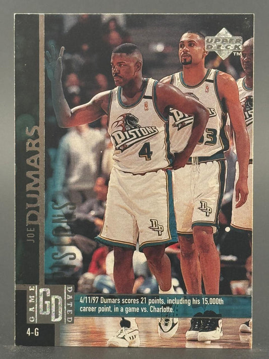 Joe Dumars 1997 Upper Deck Game Dated trading card #4-G featuring him in a Pistons uniform on 4/11/97.