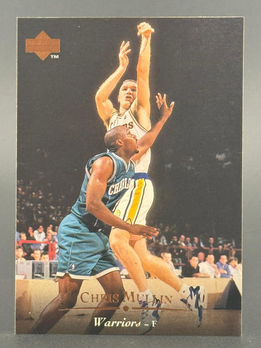 Chris Mullin Warriors trading card showing him shooting over a defender.