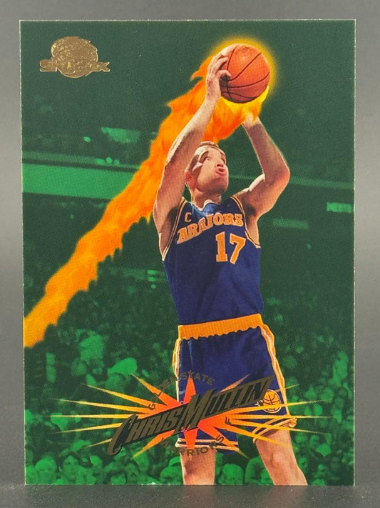 Chris Mullin 1996-97 SkyBox basketball card featuring Mullin shooting with a fiery basketball trail.
