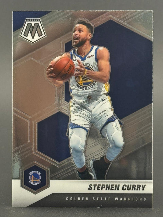 Stephen Curry 2020-21 Panini Mosaic basketball card, Warriors uniform, holding a basketball.