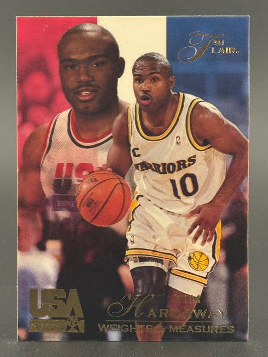 1994 Flair Tim Hardaway basketball trading card, showing him dribbling in a Golden State Warriors uniform.