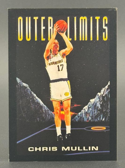 Chris Mullin basketball card, "Outer Limits" insert, Golden State Warriors uniform #17, shooting in space setting.