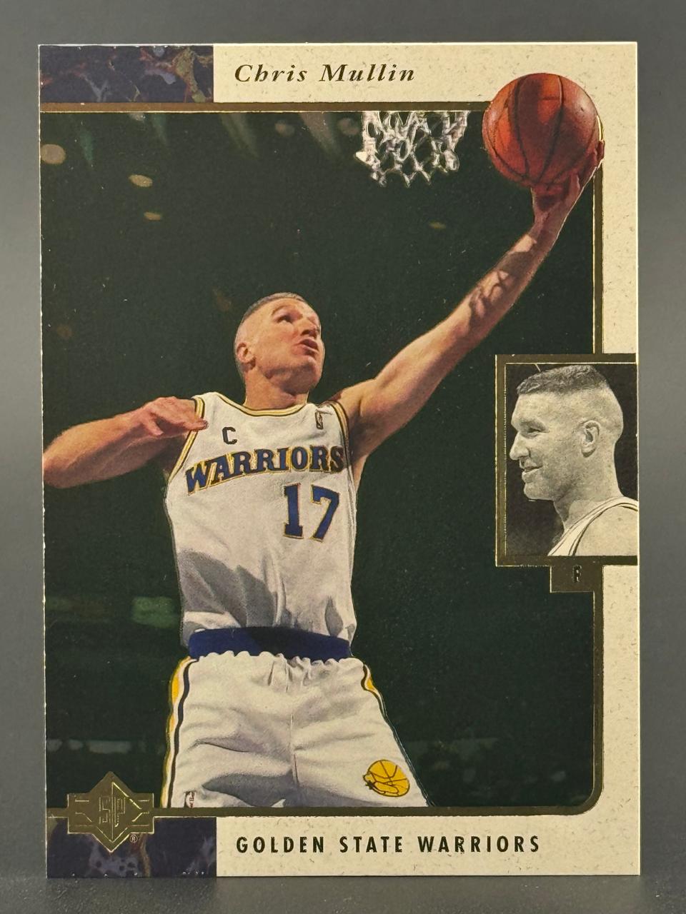 Chris Mullin Golden State Warriors basketball card with action shot and inset portrait.