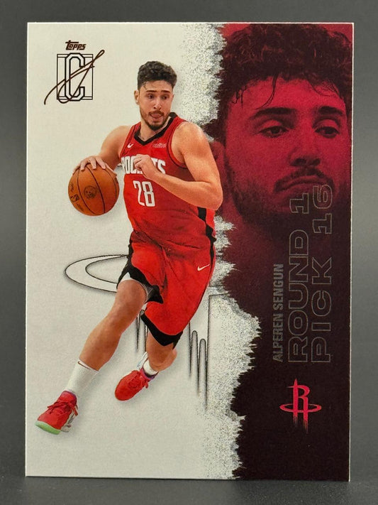 Alperen Sengun basketball card with a red gradient portrait and him dribbling in a Houston Rockets jersey.