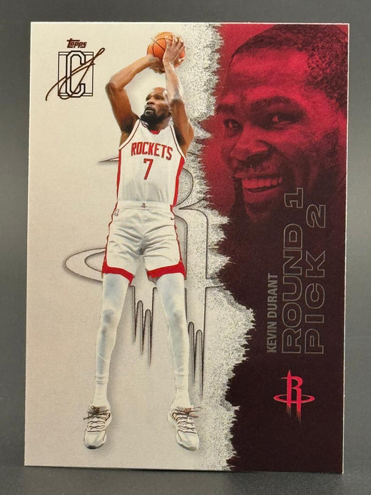 Kevin Durant trading card, featuring a full-body shot in a Rockets jersey and a large red-tinted portrait.