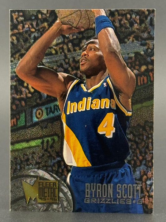 1995-96 Fleer Metal Byron Scott trading card, number G, showing him shooting a basketball.