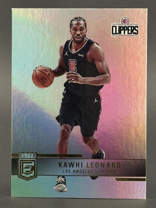 Kawhi Leonard Los Angeles Clippers basketball card from Elite set, showing him dribbling.