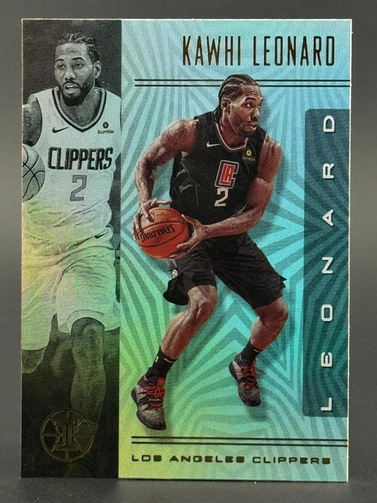 Kawhi Leonard basketball trading card featuring him in Clippers home and away jerseys against a teal patterned background.