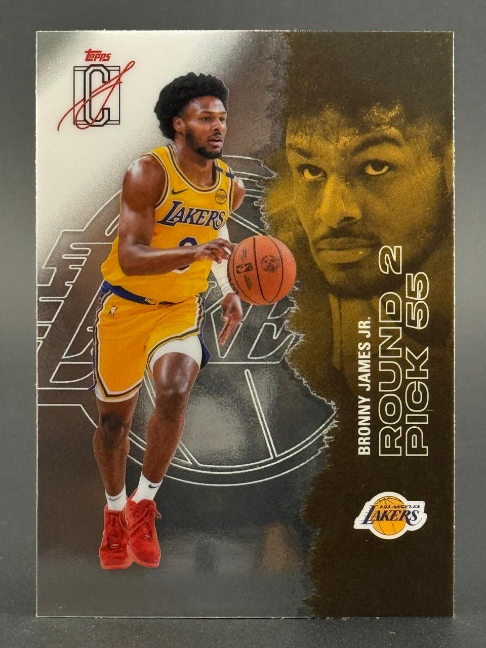 Bronny James Jr. Topps basketball card showing him in a Lakers uniform, with "Round 2 Pick 55" text.