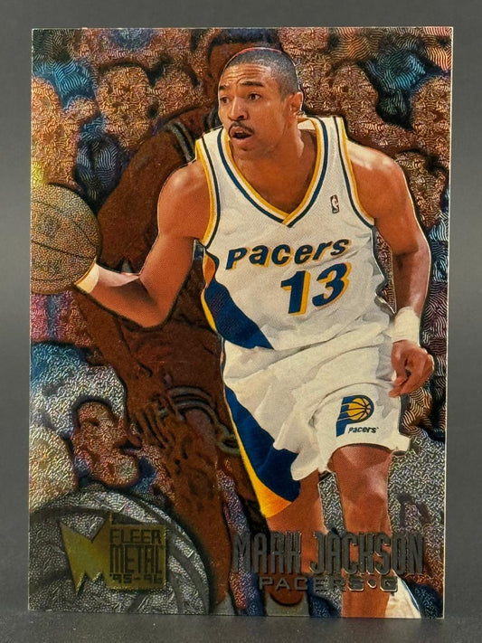 1995-96 Fleer Metal Mark Jackson basketball trading card featuring him dribbling in a Pacers uniform.