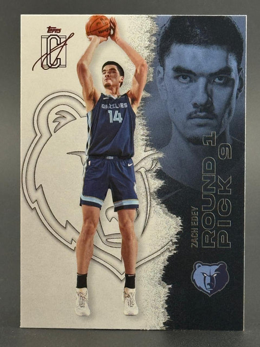 Zach Edey basketball trading card, showing him in a Grizzlies uniform shooting, with "Round 1 Pick 9" text.