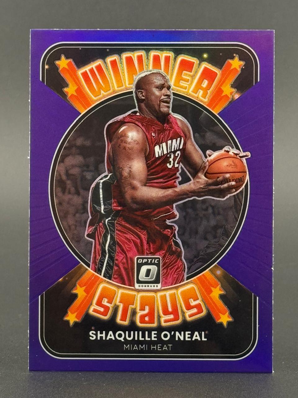 Shaquille O'Neal trading card, Winner Stays set, featuring Miami Heat jersey and basketball.