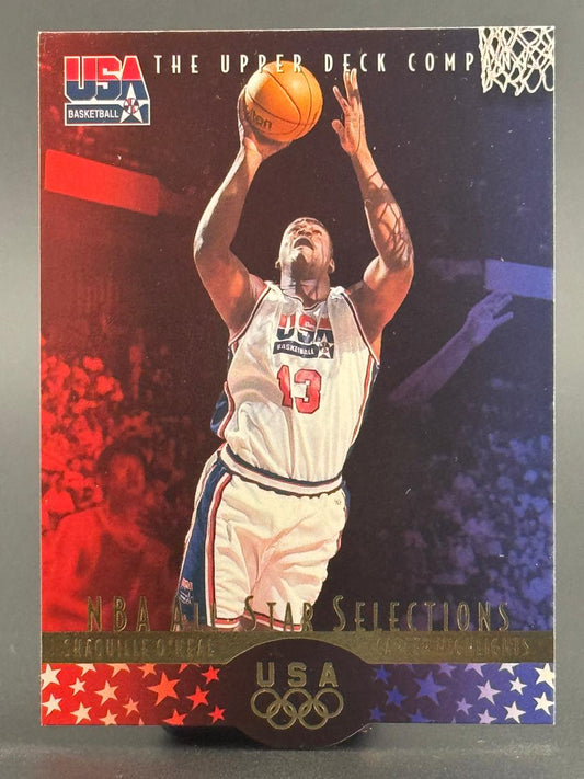 Shaquille O'Neal Upper Deck USA Basketball trading card, shooting a basketball in a USA jersey.
