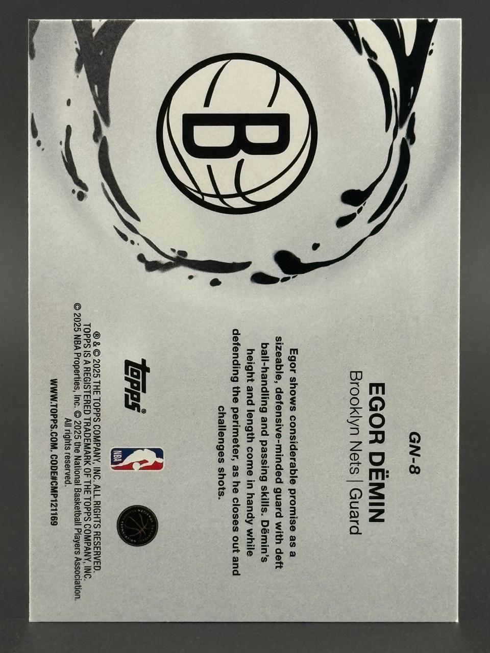 2025 Topps Egor Demin Brooklyn Nets basketball card, card GN-8, back view.