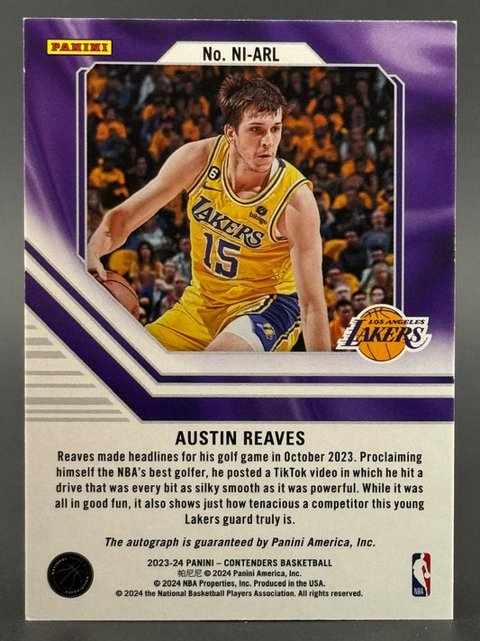 2023-24 Panini Contenders Austin Reaves trading card #NI-ARL, showing him in a Lakers uniform dribbling.