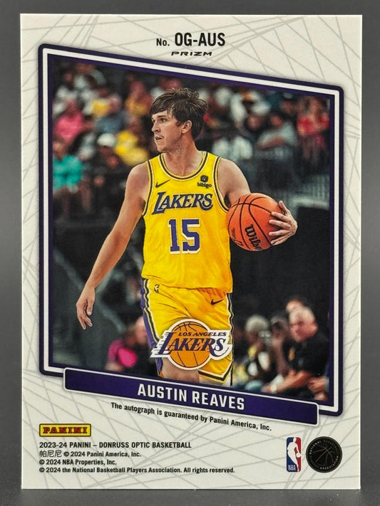 2023-24 Panini Donruss Optic Austin Reaves card #OG-AUS, showing him in a Lakers jersey with a basketball.