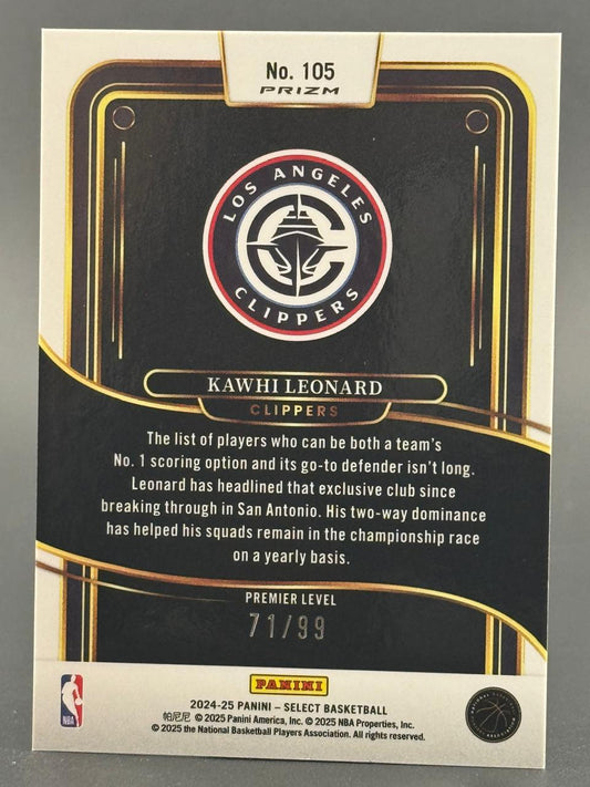 2024-25 Panini Select Kawhi Leonard card #105, Clippers, Premier Level 71/99.