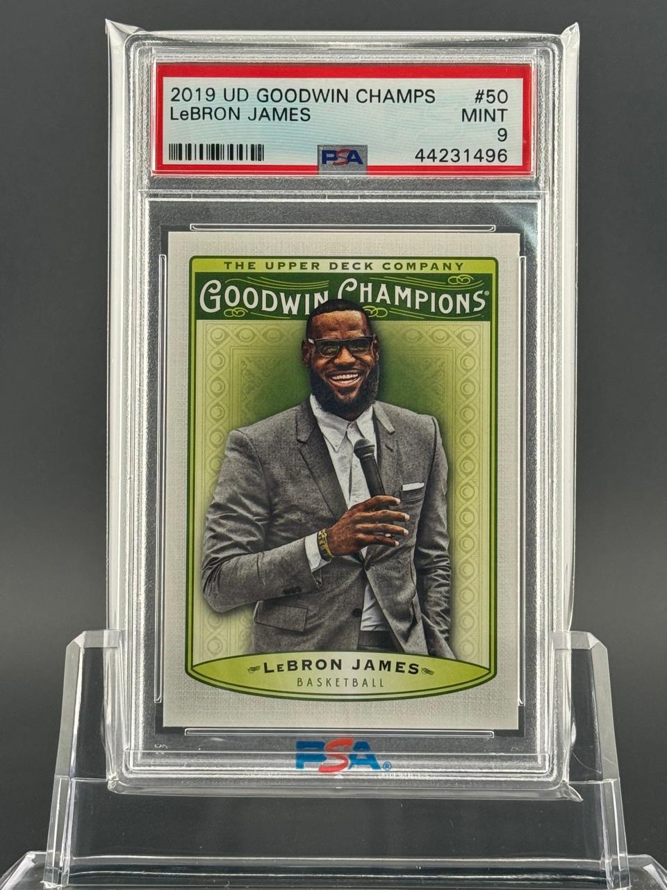 2019 UD Goodwin Champs LeBron James #50 PSA 9 Mint card in slab.
