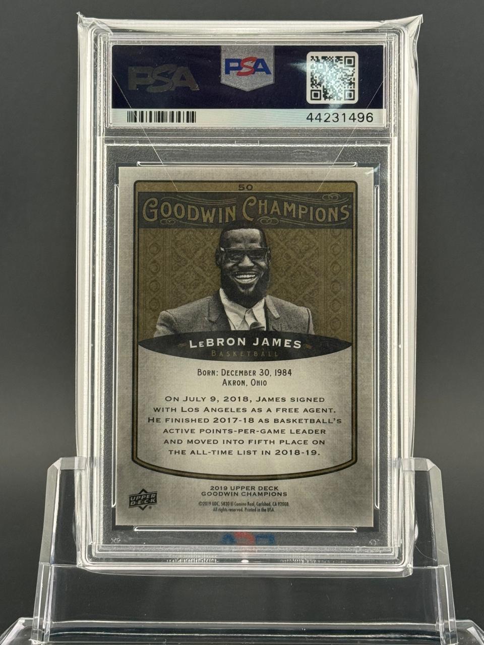 2019 Upper Deck Goodwin Champions LeBron James card #50 in a PSA slab.