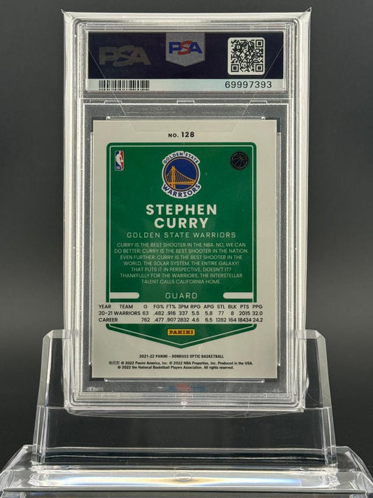 PSA-graded 2021-22 Panini Donruss Optic Basketball Stephen Curry card #128, back.
