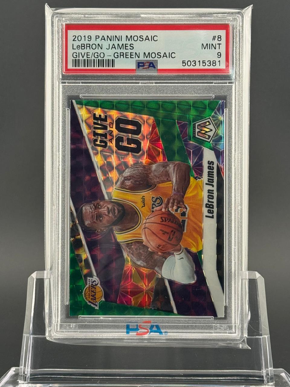 2019 Panini Mosaic LeBron James Give/Go Green #8, PSA 9 Mint graded basketball card.