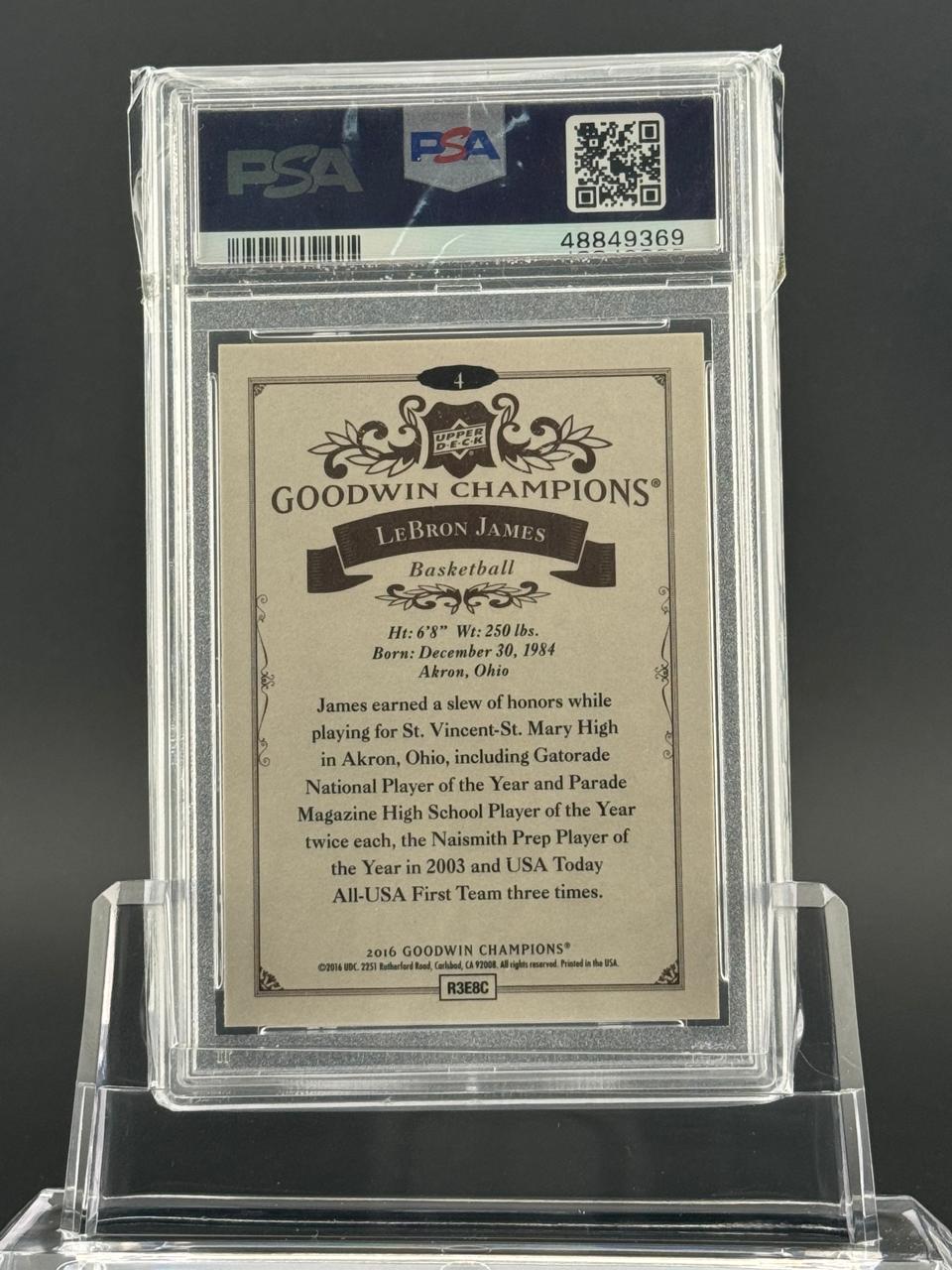 PSA-graded 2016 Goodwin Champions LeBron James card #4, back.