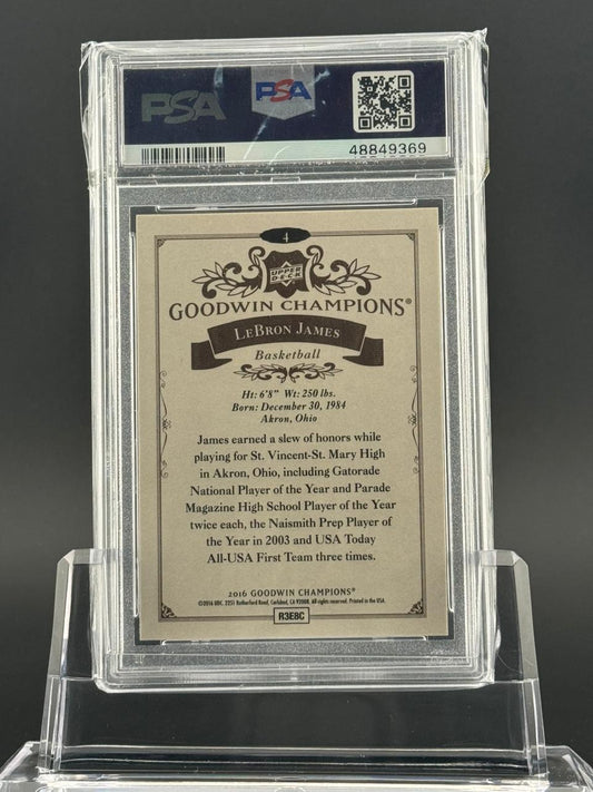 PSA-graded 2016 Goodwin Champions LeBron James card #4, back.