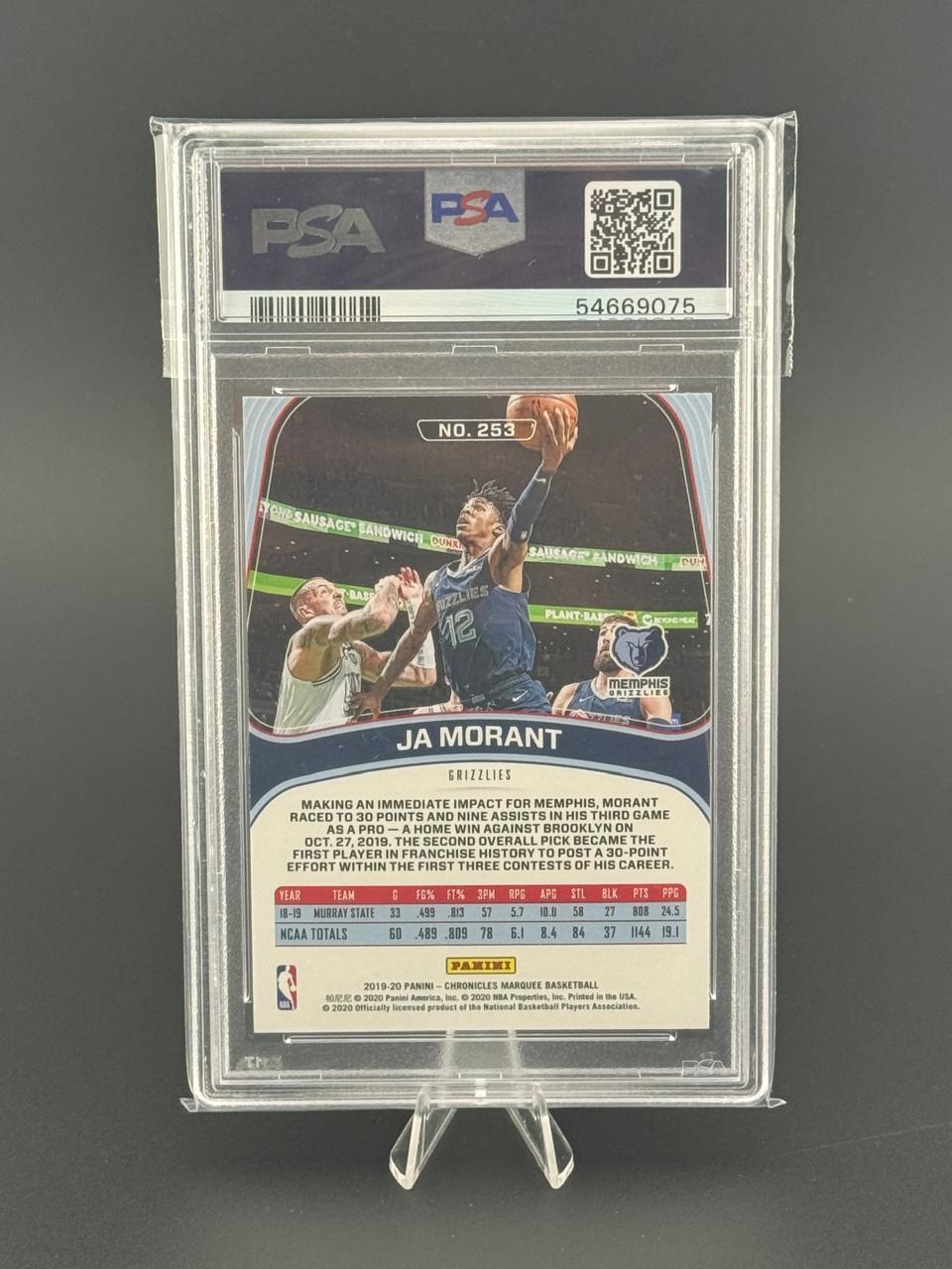 2019-20 Panini Chronicles Marquee Ja Morant No. 253 basketball card, back view in PSA slab.