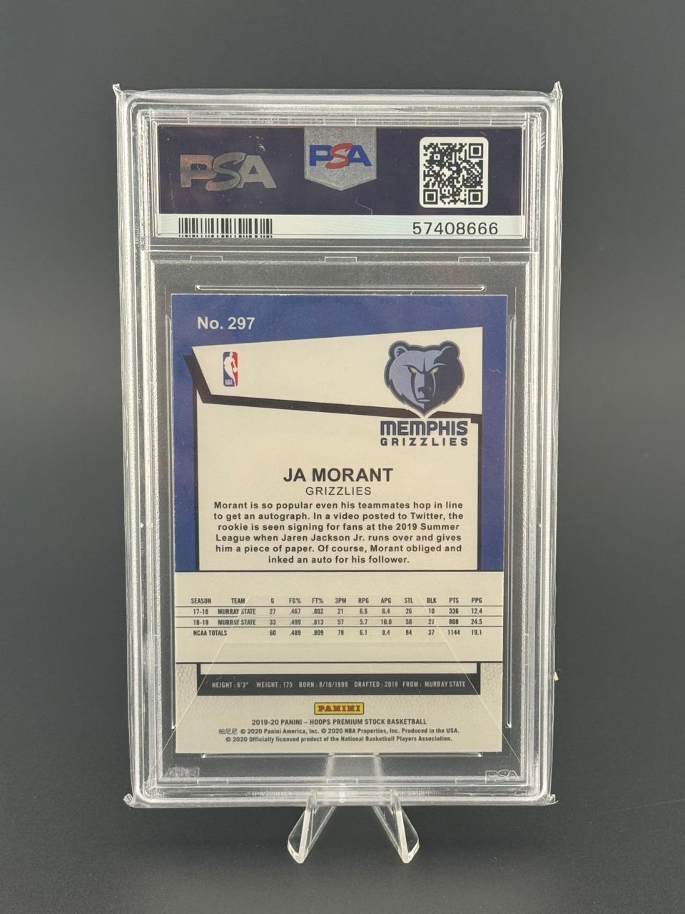 PSA-slabbed 2019-20 Panini Hoops Premium Stock Ja Morant card #297, back view showing Memphis Grizzlies logo and stats.
