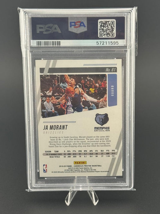 2019-20 Panini Chronicles Prestige Ja Morant Grizzlies Card No. 61 in PSA slab.