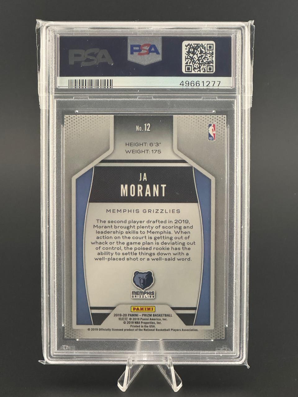 PSA-slabbed 2019-20 Panini Prizm Ja Morant card #12, back view showing player info.