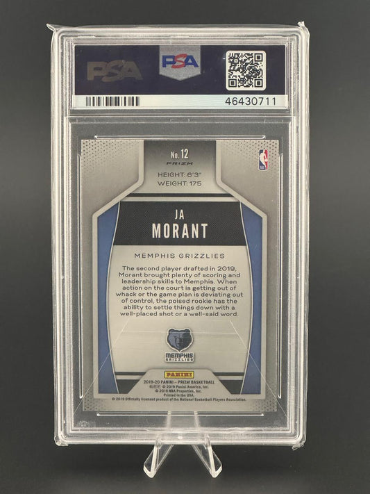 2019-20 Panini Prizm Ja Morant Grizzlies Card No. 12, back view in PSA holder.