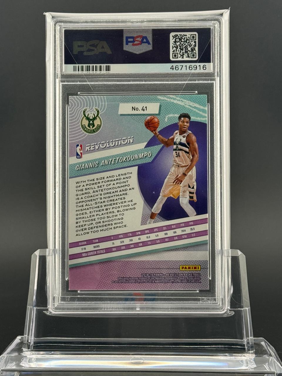 2018-19 Panini Revolution Giannis Antetokounmpo card #41, back view, slabbed.