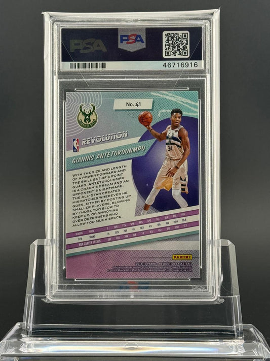 2018-19 Panini Revolution Giannis Antetokounmpo card #41, back view, slabbed.