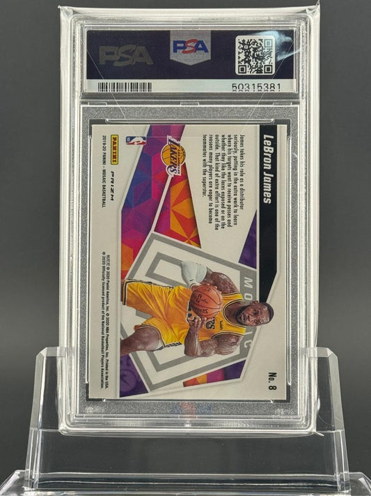 2019-20 Panini Mosaic LeBron James card #8, back view, in PSA slab.