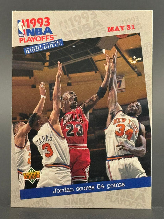 1993 Upper Deck NBA Playoffs Michael Jordan basketball card, #May 31 Jordan scores 54 points.