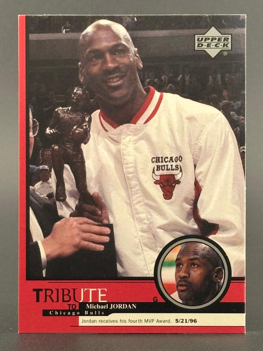1996 Upper Deck Michael Jordan basketball card, Tribute to Chicago Bulls, holding his 4th MVP award.