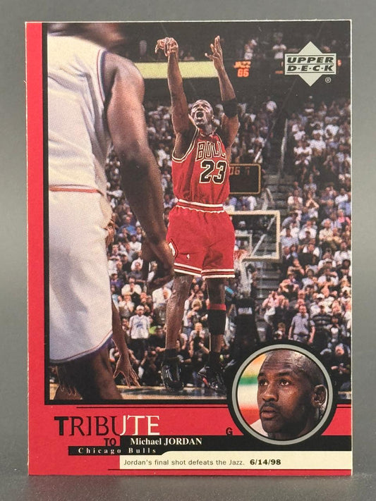 Michael Jordan Tribute trading card featuring an action shot and a portrait, with Chicago Bulls text.