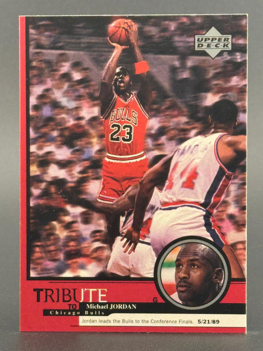 Michael Jordan 1989 Upper Deck Tribute to Chicago Bulls card, shooting over a defender.