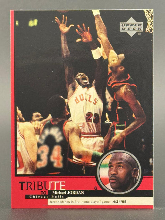 Michael Jordan Upper Deck Tribute basketball card, showing him in action and a circular portrait.