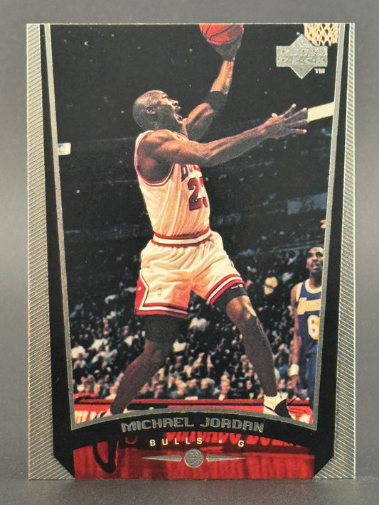 Michael Jordan basketball trading card, Upper Deck brand, featuring Jordan in a Bulls uniform shooting a layup.