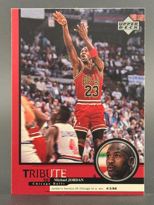 Michael Jordan 1988 Upper Deck Tribute trading card showing him shooting a basketball.