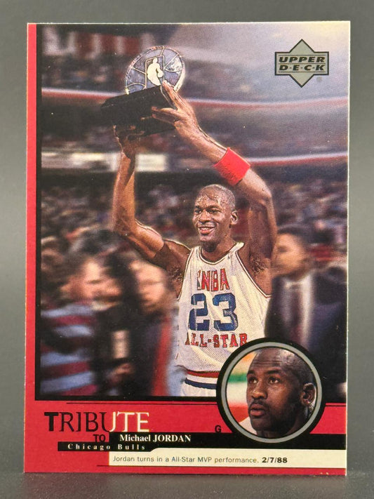 Michael Jordan 1988 Upper Deck Tribute trading card, holding an All-Star MVP trophy.