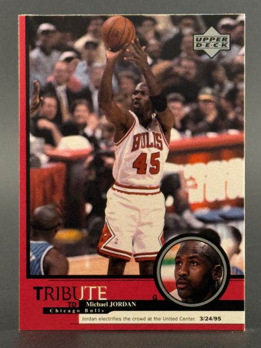 1995 Upper Deck Michael Jordan basketball trading card, showing him in a Bulls #45 jersey shooting a jump shot.