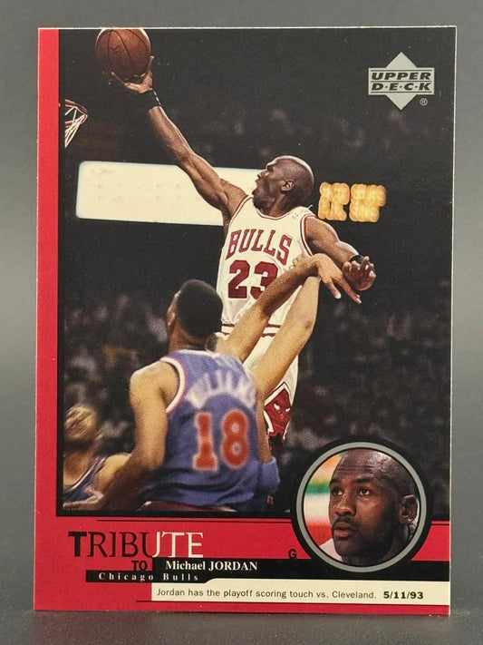 1993 Upper Deck Michael Jordan basketball card featuring a layup photo and a circular inset portrait.