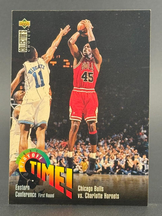 Michael Jordan 1995 Upper Deck Collector's Choice Playoff Time! trading card featuring him shooting over David Wingate.