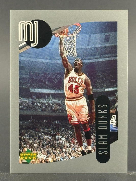 Michael Jordan 1995 Upper Deck Slam Dunks basketball card #45, dunking in a Chicago Bulls uniform.