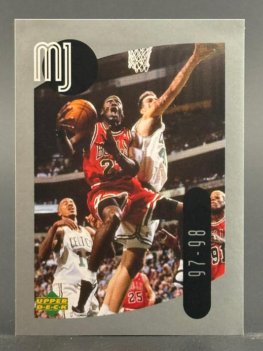 1997-98 Upper Deck Michael Jordan trading card, #MJ, showing Jordan driving to the basket.