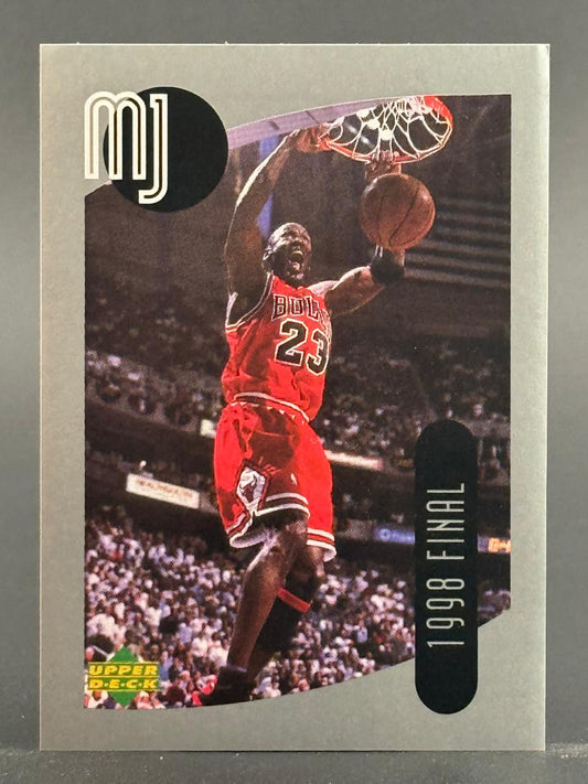 1998 Upper Deck MJ Final Michael Jordan trading card, showing Jordan dunking in a red Bulls uniform.